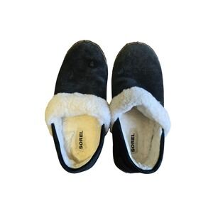 Sorel Nakiska Suede Scuff Slippers Black Fleece Lined Indoor Outdoor Mules